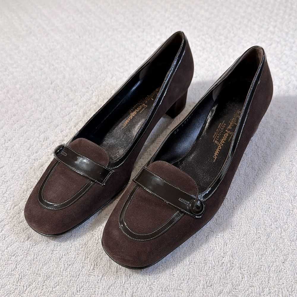 Salvatore Ferragamo Dark Brown Suede Patent Leather Block Heel Pumps Size 9.5 B